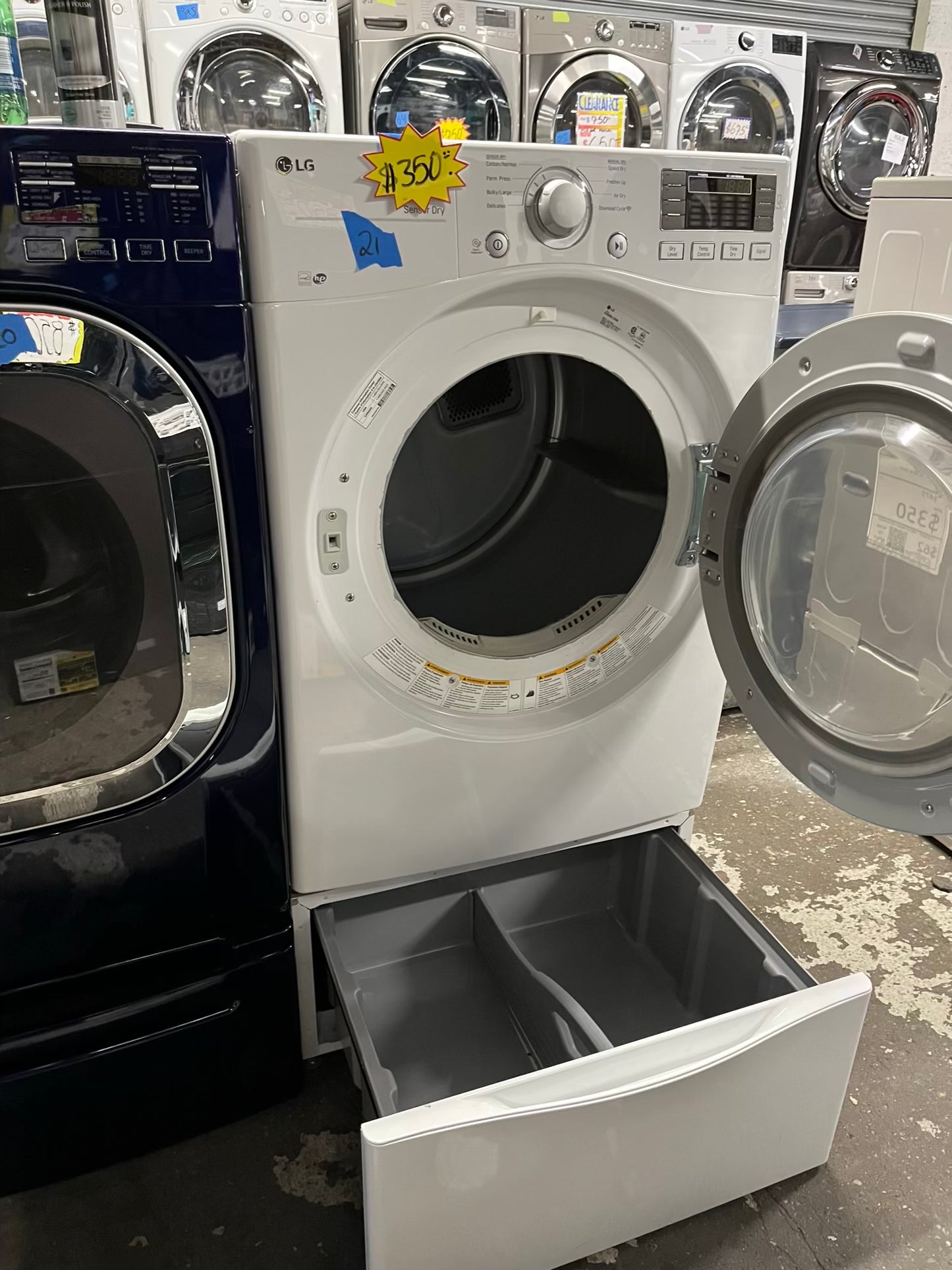 LG Dryer electric 220v in white front load w/pedestal extra storage stainless steel drum large capacity 27" refurbished #ED340SB