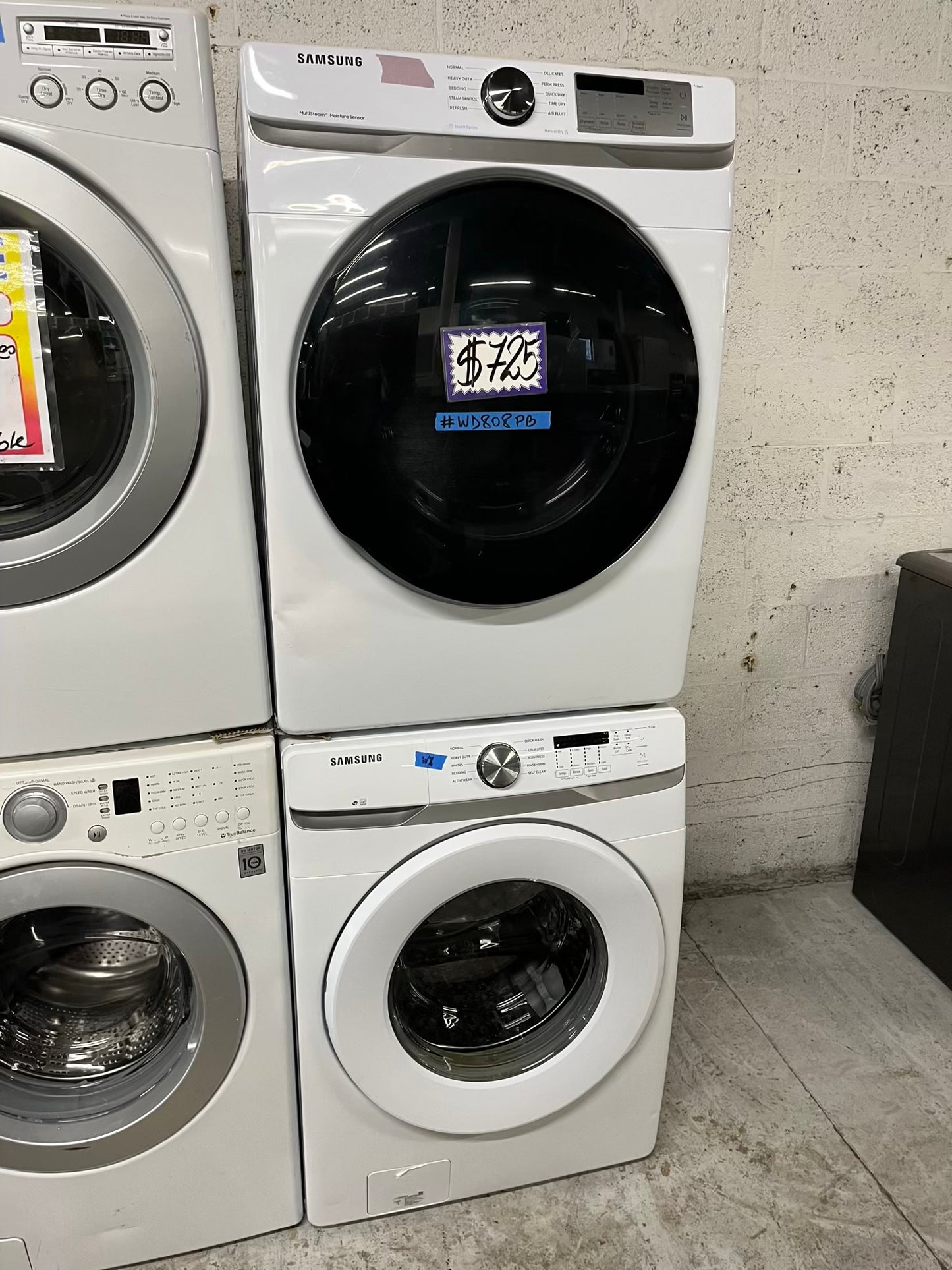 Samsung steam cycle washer 4.5 cu ft & dryer 7.5 cu ft set electric 220v front load stackable sensor dry He in white #WD808PB