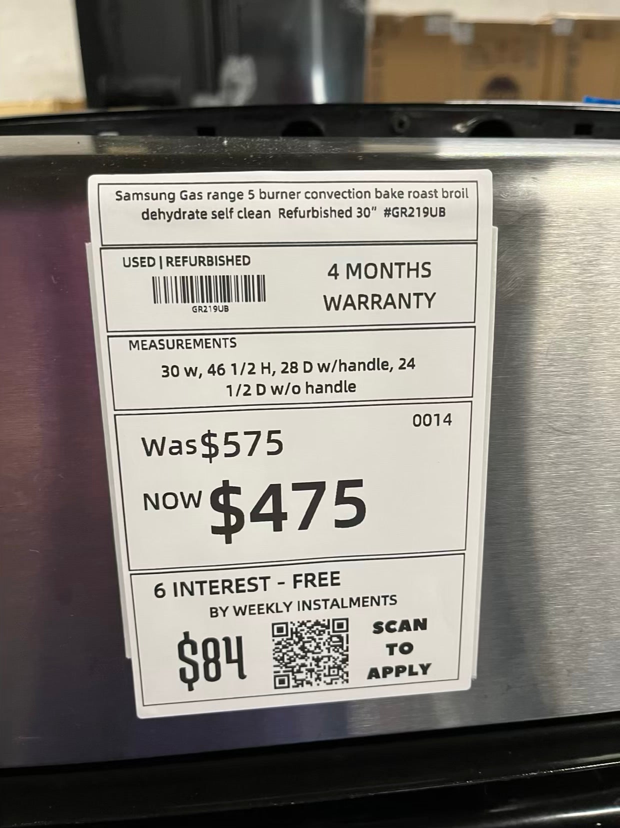 - Samsung Gas range 5 burner convection bake roast broil dehydrate self clean Refurbished 30" #GR219UB