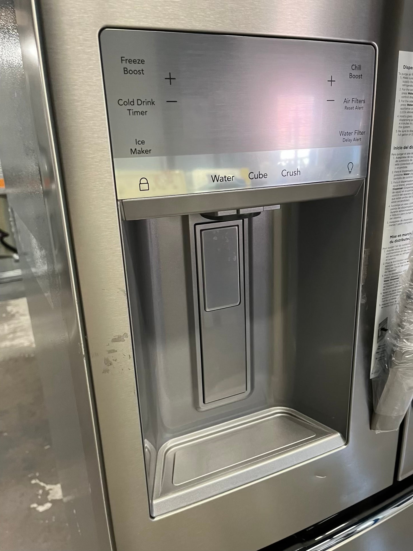- Frigidaire Gallery four door refrigerator counter depth  stainless steel w/ice and water dispenser  used-refurbished 36”  #RF994BPB