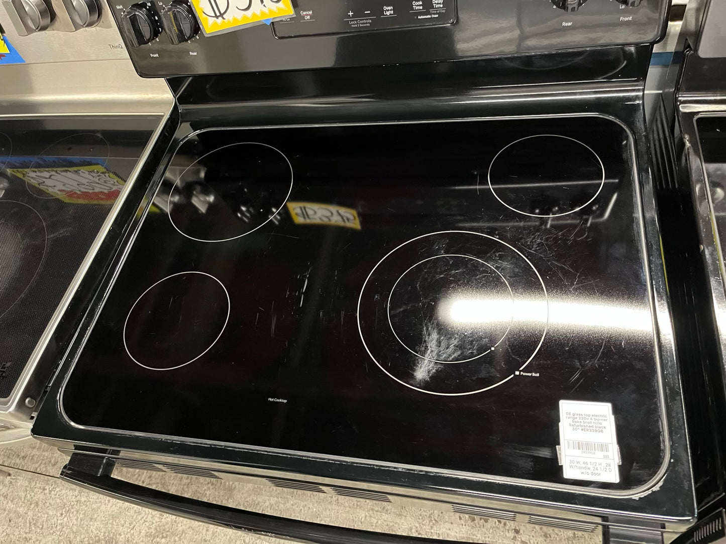 -GE glass top electric range 220v 4 burner bake broil hi/lo Refurbished black 30" #ER339QB-TR
