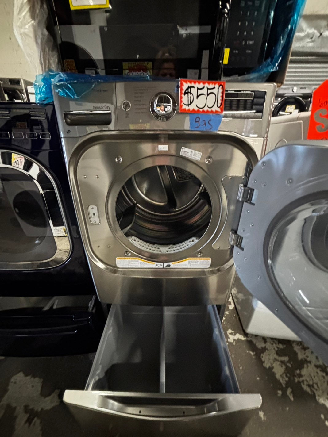 LG gas steam Dryer 29” mega capacity -gray front load w/pedestal extra storage stainless steel drum large capacity used- refurbished #GD339WB