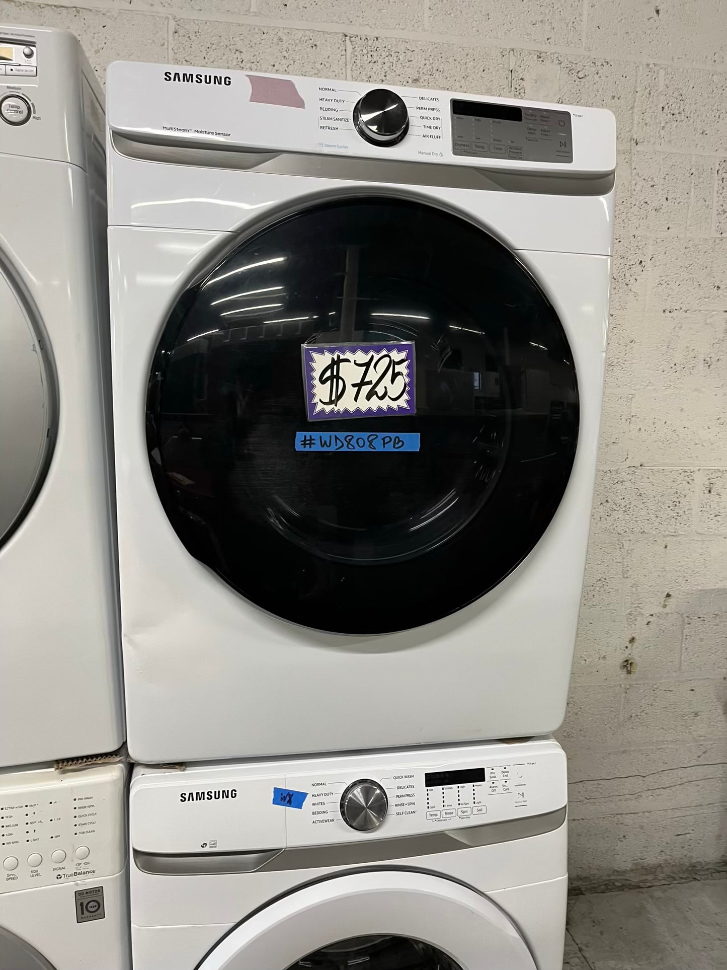 Samsung steam cycle washer 4.5 cu ft & dryer 7.5 cu ft set electric 220v front load stackable sensor dry He in white #WD808PB