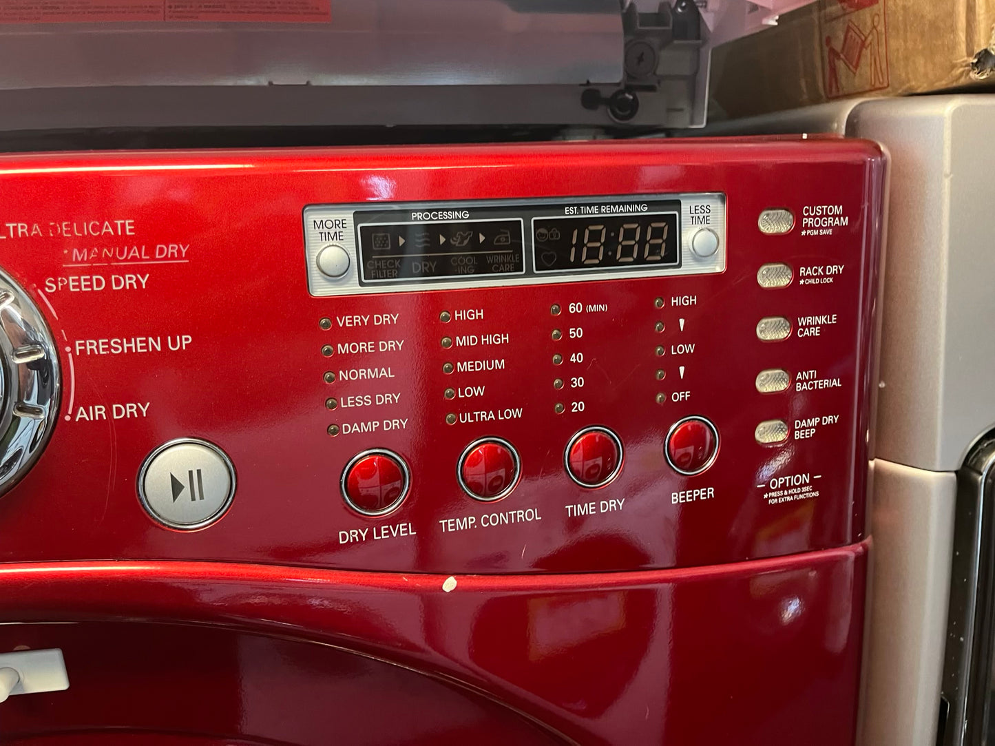 - LG front load washer & dryer set electric 220v large capacity w/pedestal extra storage in red 27” #WD783NL