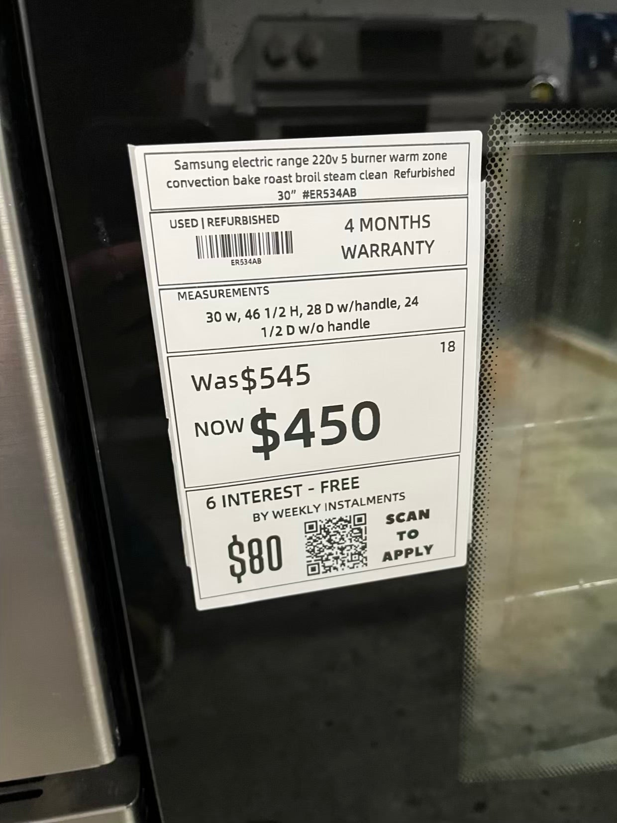 Samsung electric range 220v 5 burner warm zone convection bake roast broil steam clean Refurbished 30" #ER534AB