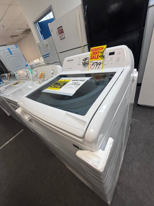 >Open box 📦 New S/d Samsung 4.5 cu. ft. Top Load Washer with Vibration Reduction Technology white 27” #SAM45LL
