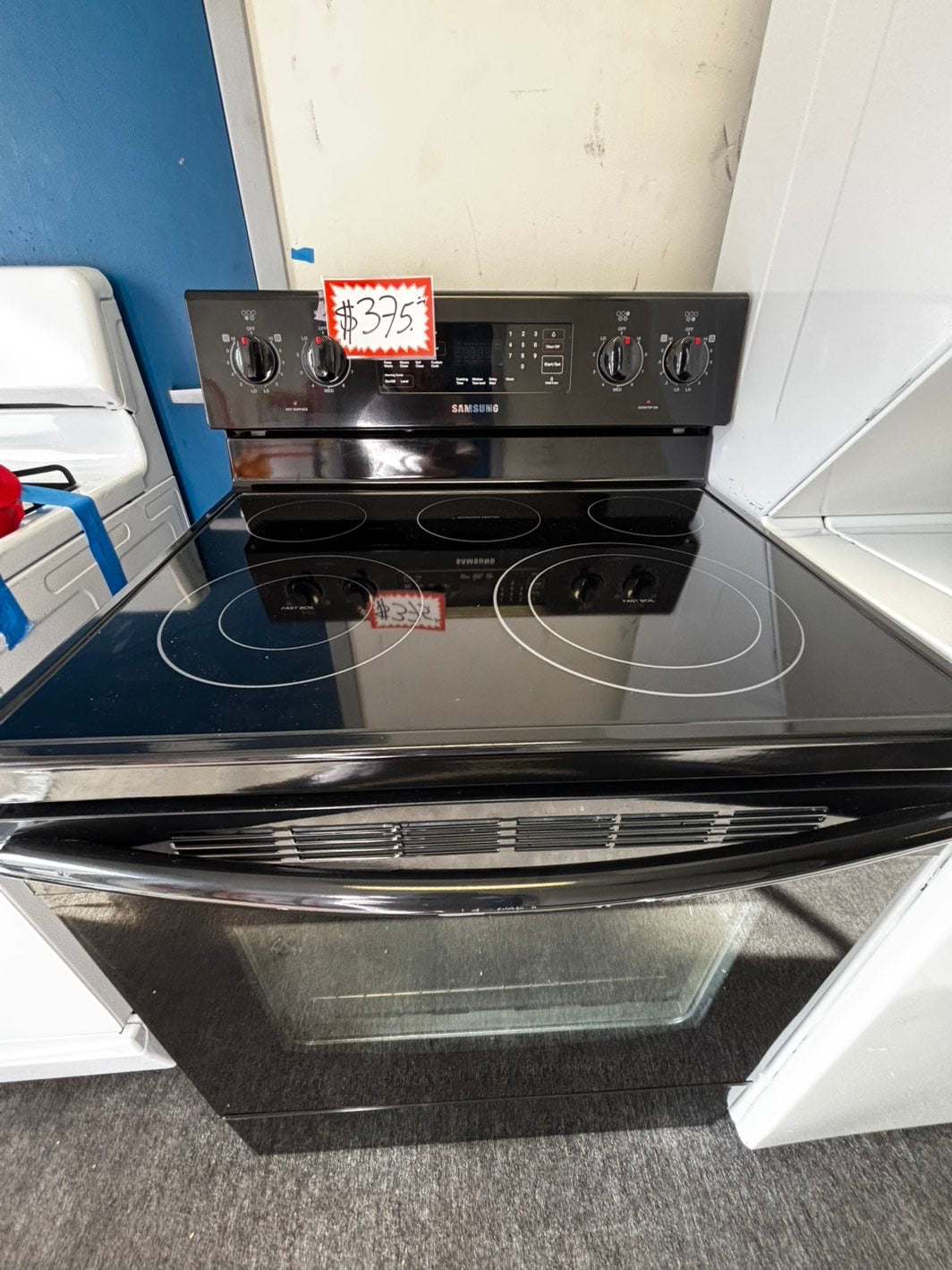 Samsung glass top electric range 220v 5 burner warm zone convection bake roast broil steam clean black color Refurbished 30" #ER537AL