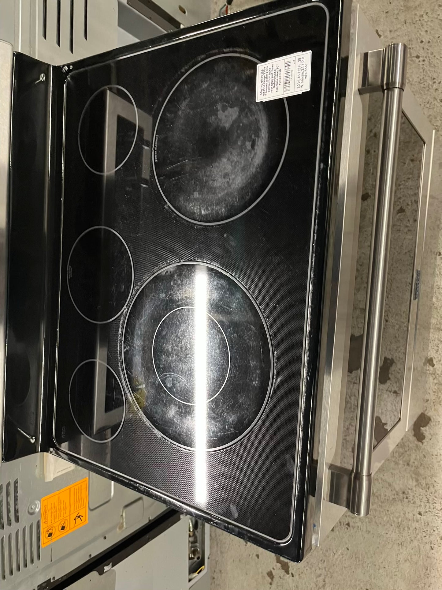-Maytag glass top electric range 220v 5 burner warm zone convection bake roast broil self clean Refurbished stainless steel 30" #ER338NB