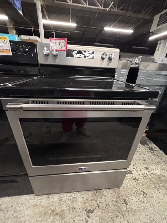 >maytag Air fry electric 220v glass top range 5 burner Refurbished-used convection bake Broil self clean stainless steel 30" #ER76MXB