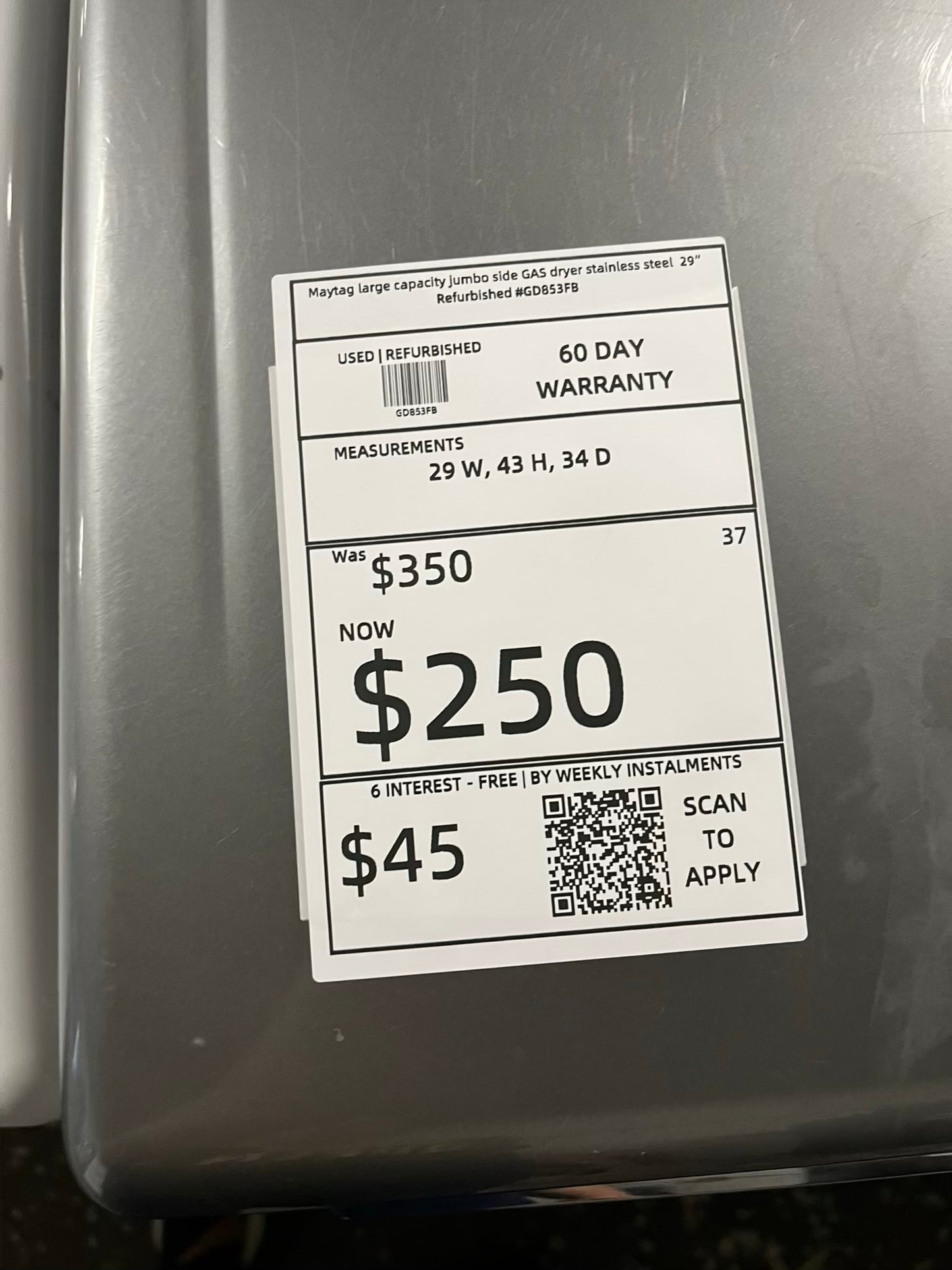 - Maytag large capacity jumbo side GAS dryer stainless steel 29" Refurbished #GD853FB
