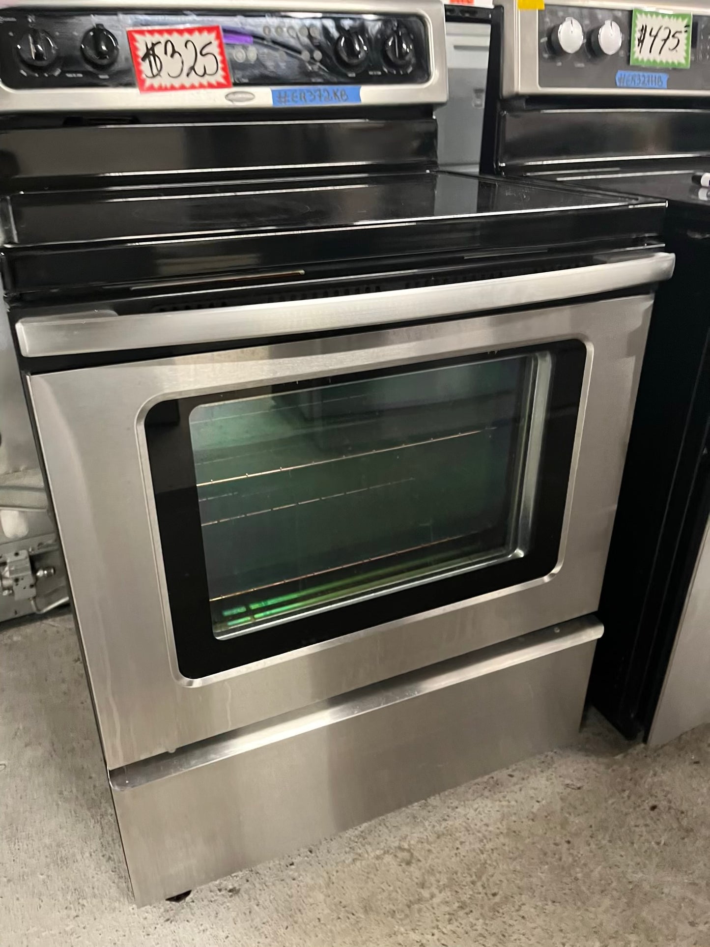 - Whirlpool glass top electric range 220v 5 burner warm zone convection bake broil steam clean Refurbished stainless steel 30" #ER372KB