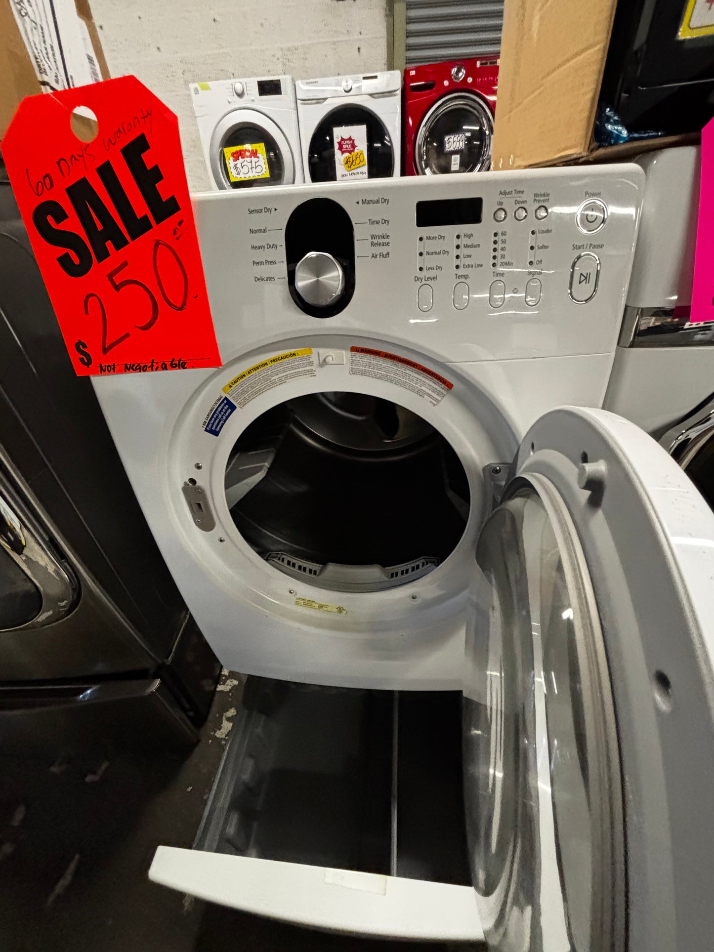 -Samsung Dryer electric 220v in white front load w/pedestal extra storage stainless steel drum large capacity 27" refurbished #ED3113VB