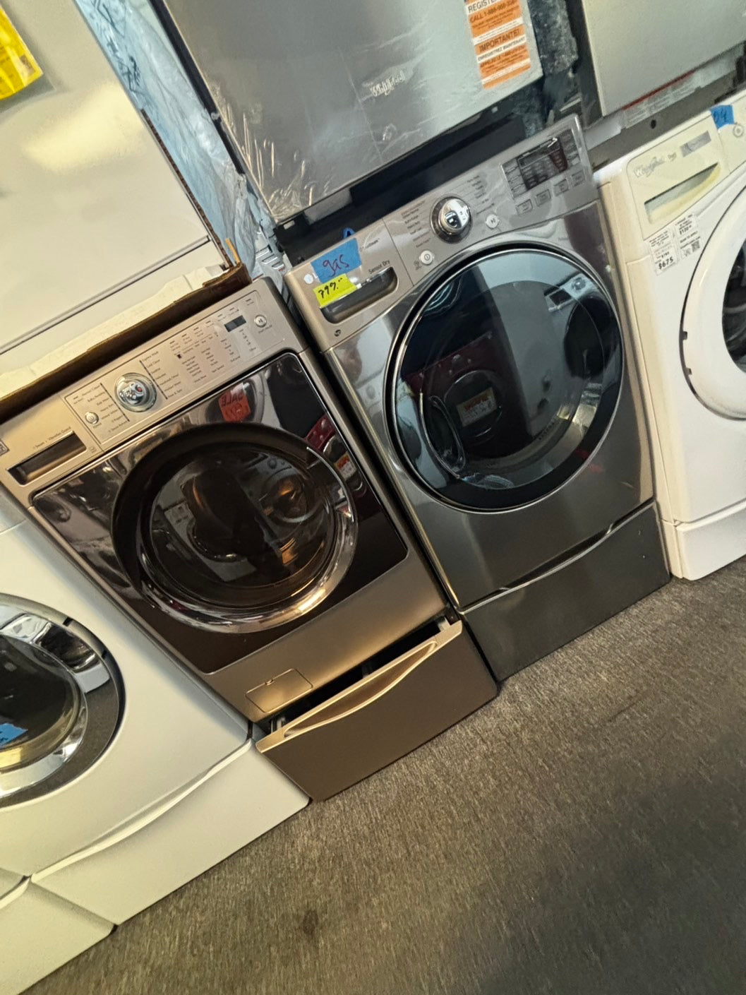 Mix & match set Kenmore washer & LG dryer gas set front load stackable or side by side large capacity stalnless steel drum w/pedestal extra storage 27" Refurbished #WDMX23L