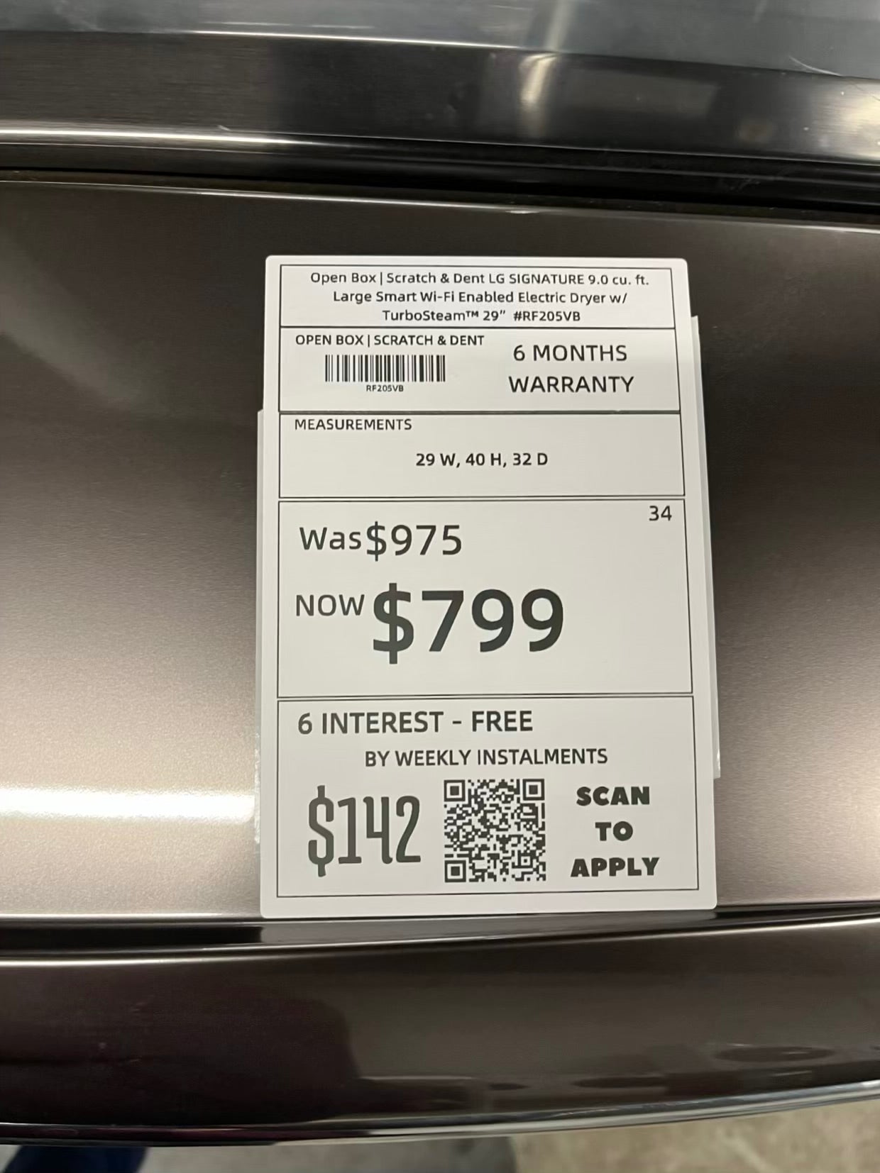 Open Box | Scratch & Dent LG SIGNATURE 9.0 cu. ft. Large Smart Wi-Fi Enabled Electric Dryer w/ TurboSteam™ 29" #RF205VB