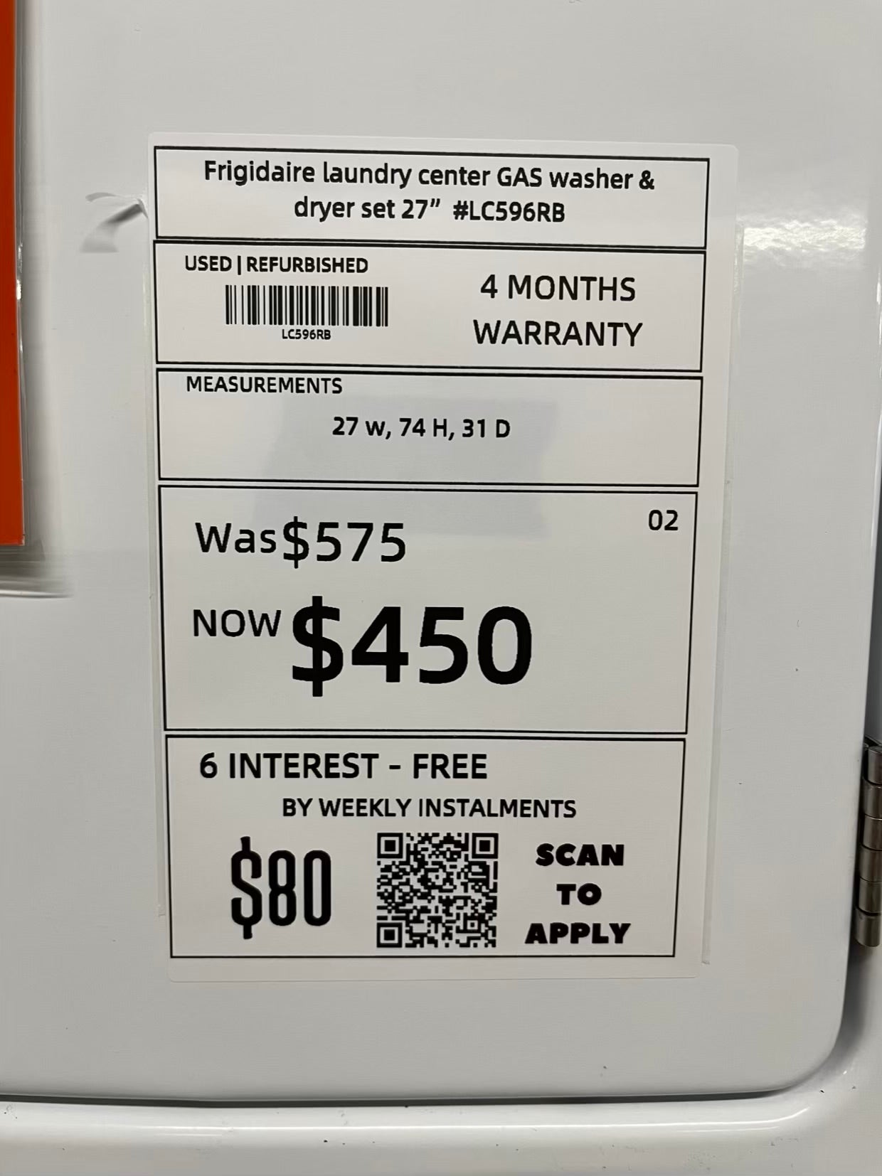 - Frigidaire laundry center GAS washer & dryer set 27" #LC596RBB