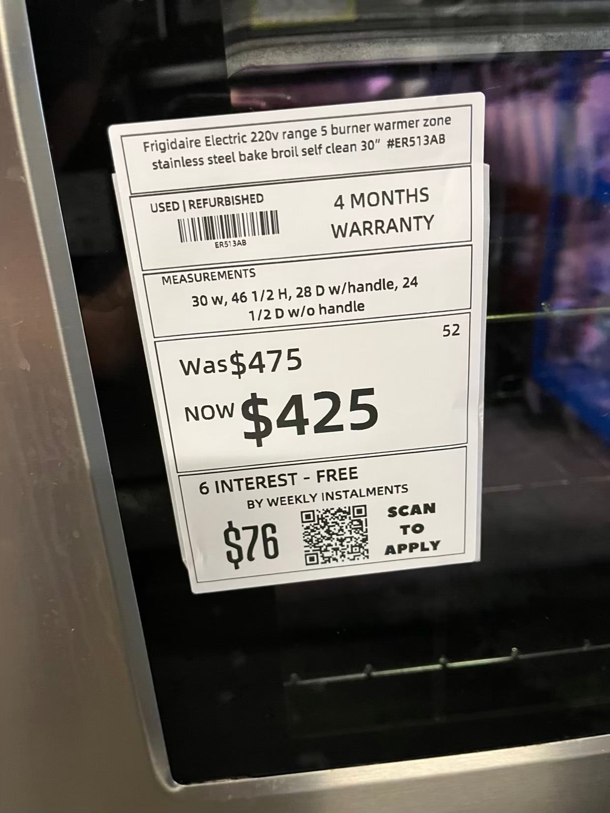 Frigidaire Electric 220v range 5 burner warmer zone stainless steel bake broil self clean 30" #ER513AB-TR