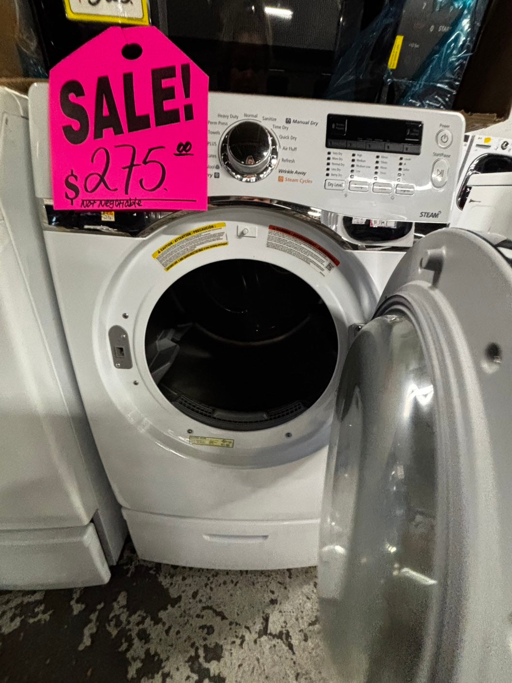 -Samsung Dryer steam electric 220v in white front load w/pedestal extra storage stainless steel drum large capacity 27" refurbished #ED3233VB