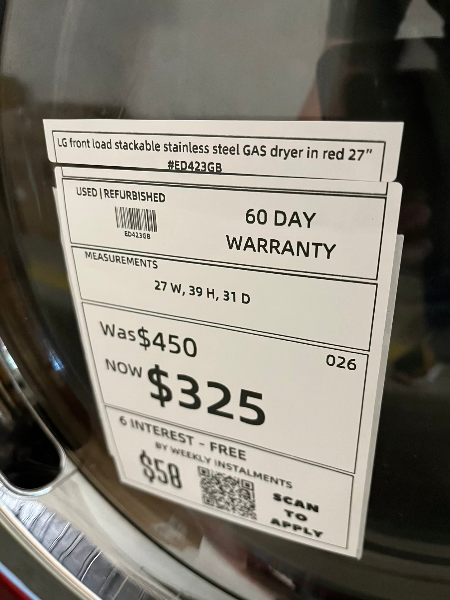LG front load stackable GAS dryer in red 27" #ED423GB