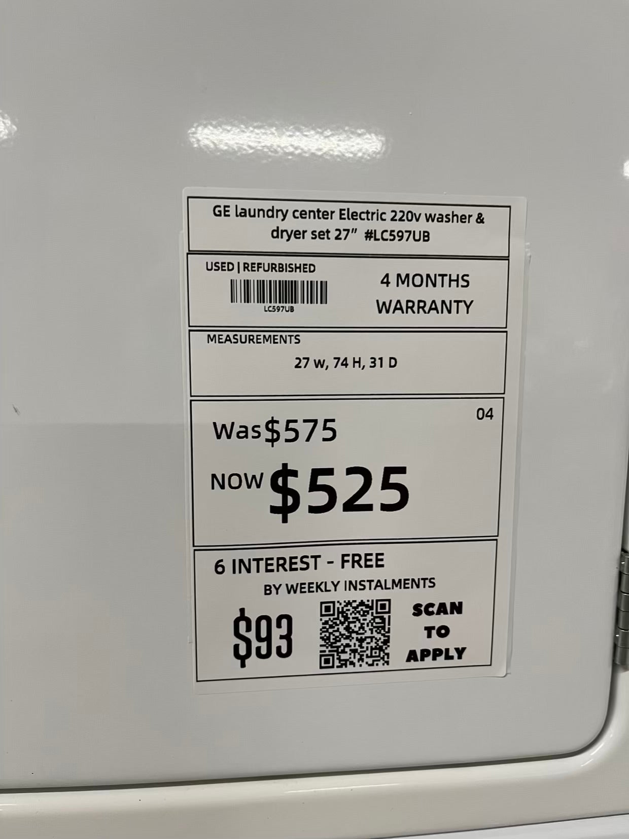 GE laundry center Electric 220v washer & dryer set 27" #LC597UB-TR