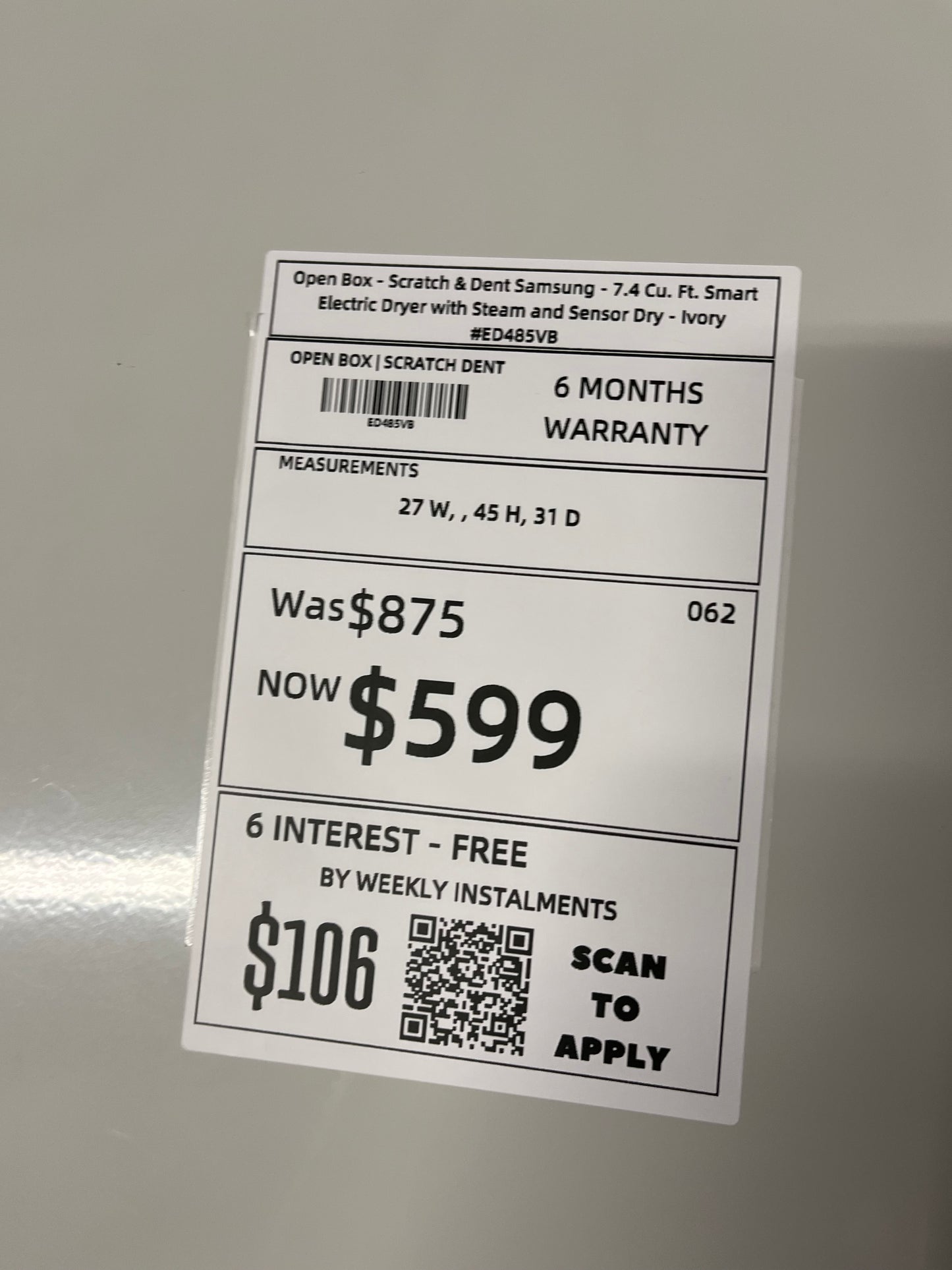 Open Box - Scratch & Dent Samsung - 7.4 Cu. Ft. Smart Electric Dryer with Steam and Sensor Dry - Ivory #ED485VB