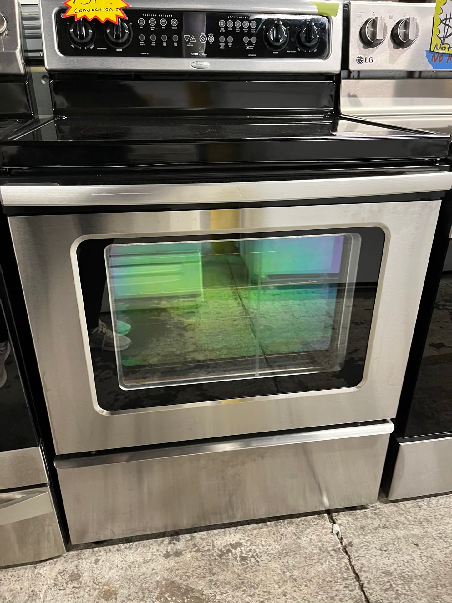 Whirlpool Glass top electric 220v range 5 burner warm zone convection bake broil steam clean stainless steel 30" Refurbished #ER748KB