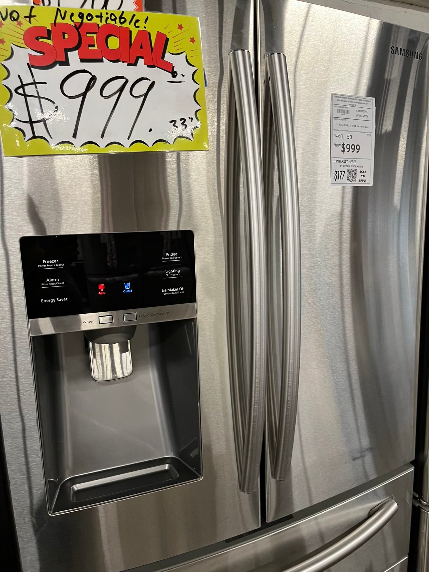 - Used Refurbished Samsung Four door refrigerator stainless steel w/icee water dispenser 33" #RF832SB