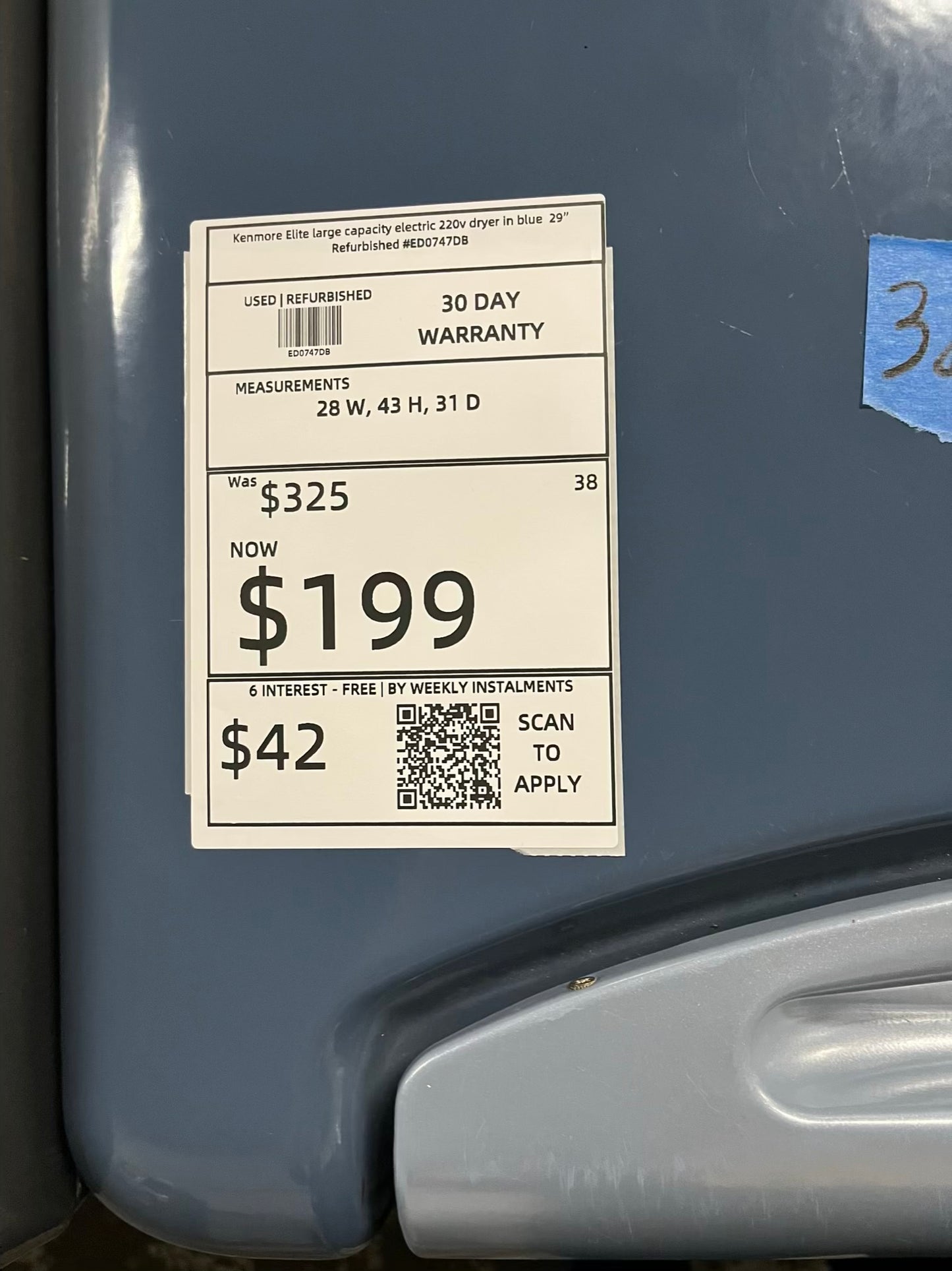 -Kenmore Elite large capacity electric 220v dryer in blue 29" Refurbished #ED0747DB
