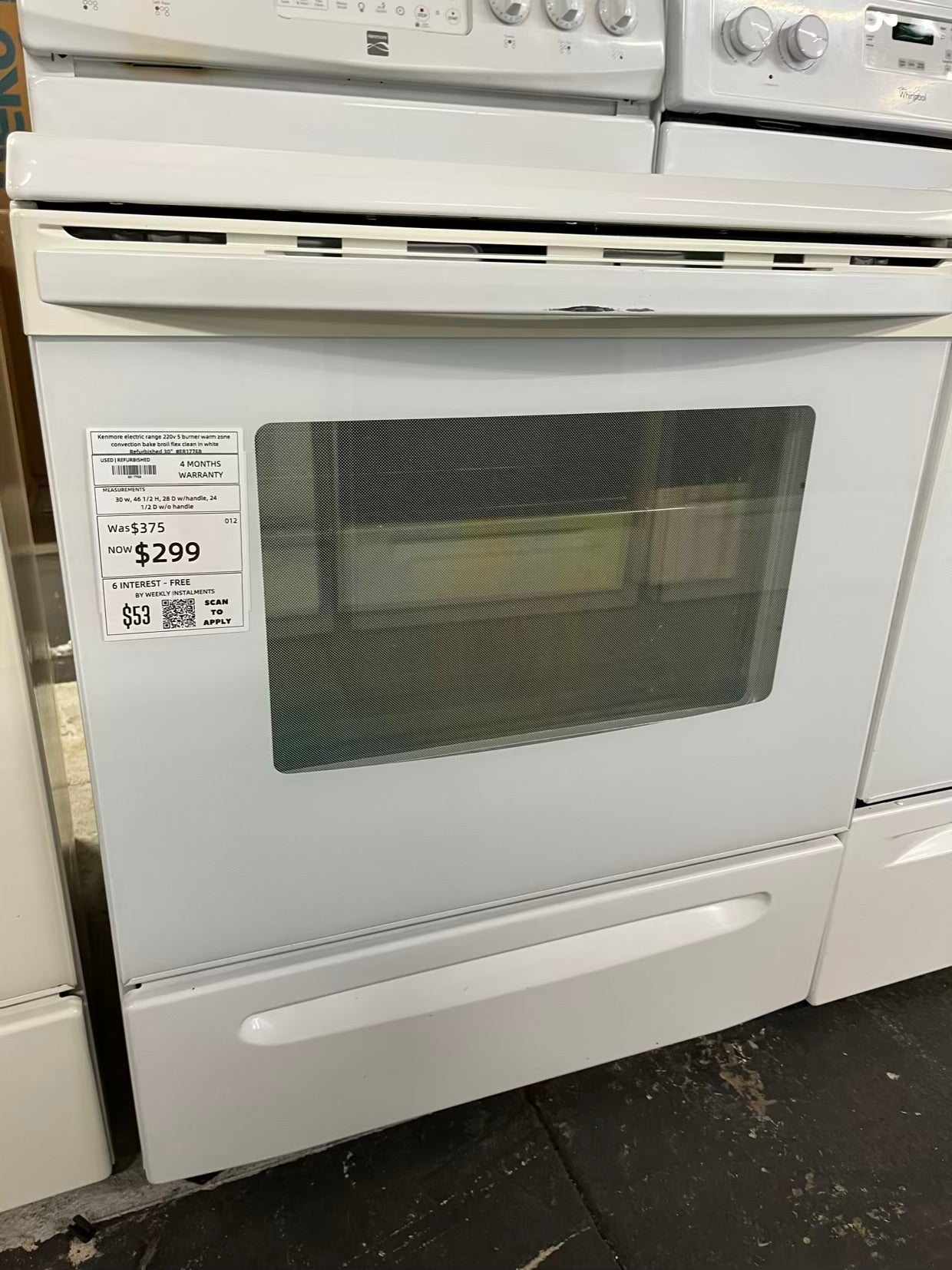 Kenmore electric range 220v 5 burner warm zone convection bake broil flex clean in white Refurbished 30" #ER177EB