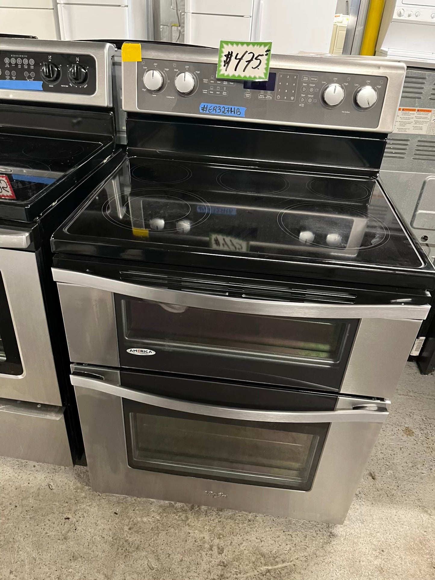 - Whirlpool glass top electric range 220v 5 burner warm zone bake broil steam clean Refurbished double oven stainless steel 30" #ER327HB