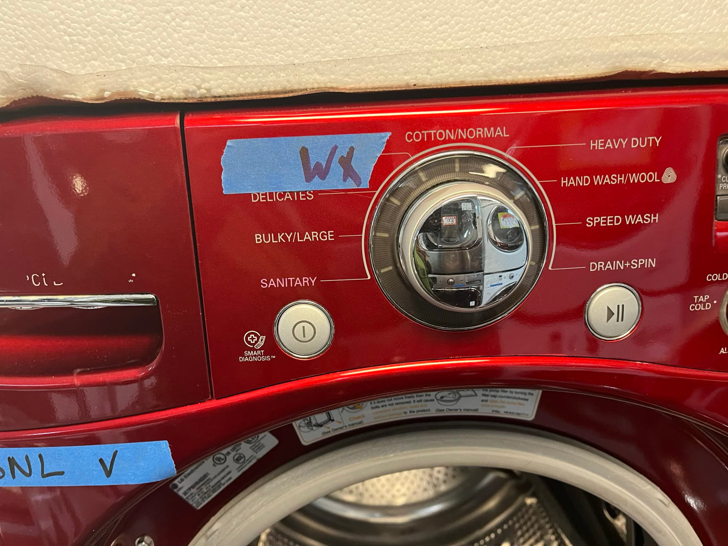 - LG front load washer & dryer set electric 220v large capacity w/pedestal extra storage in red 27” #WD783NL