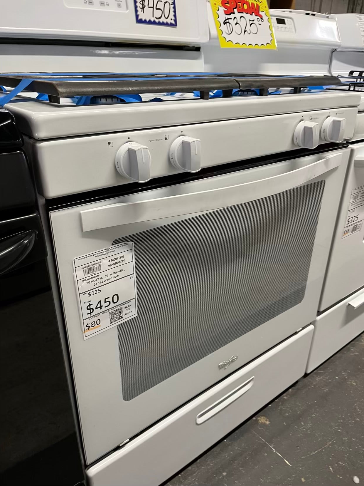Whirlpool white gas propane range 4 burner bake broil 30" Refurbished #GR384AB