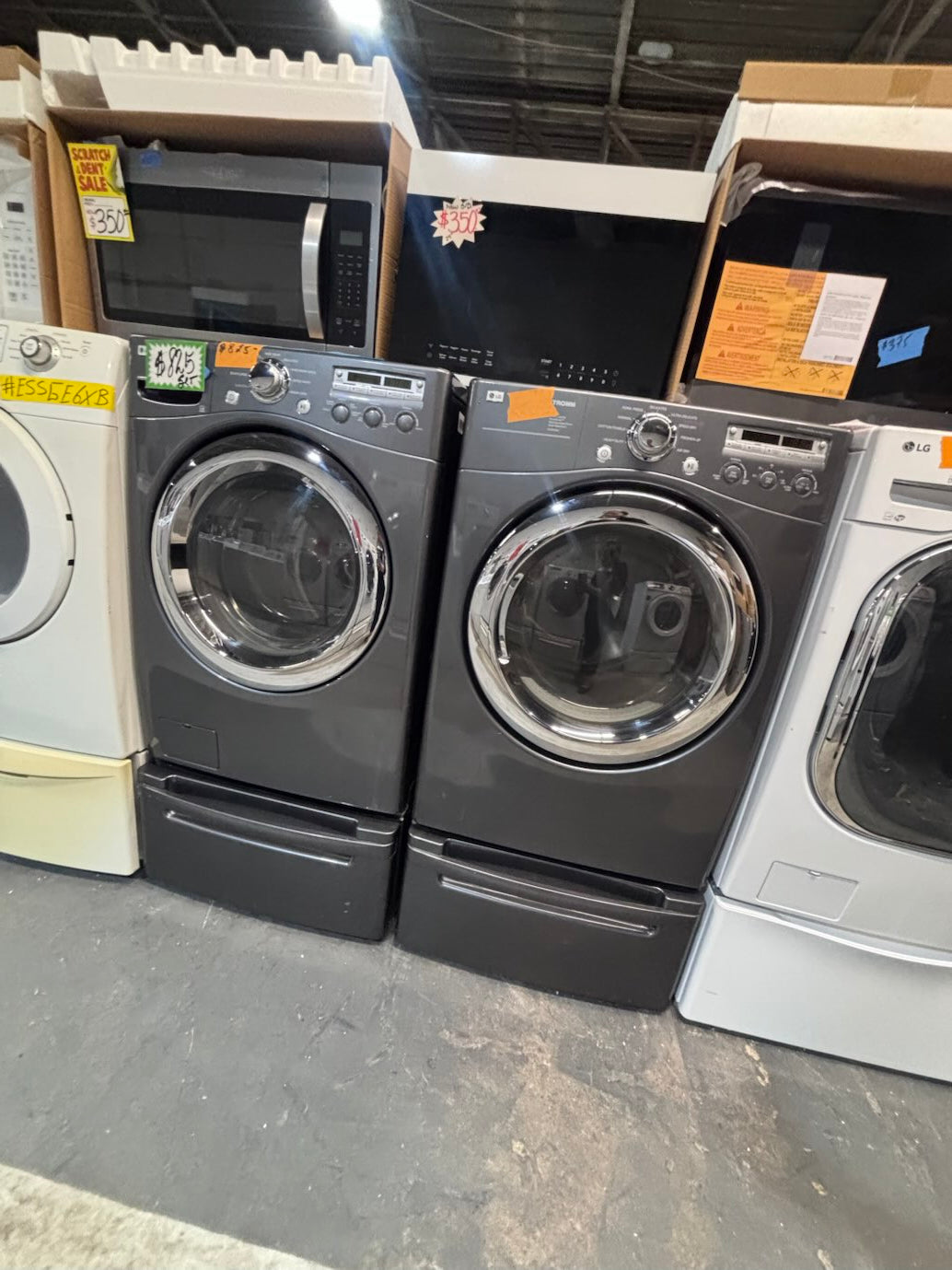 }LG used- refurbished front load electric 220v dryer & washer large capacity with pedestals in gray color 27” #FLSGTV7B