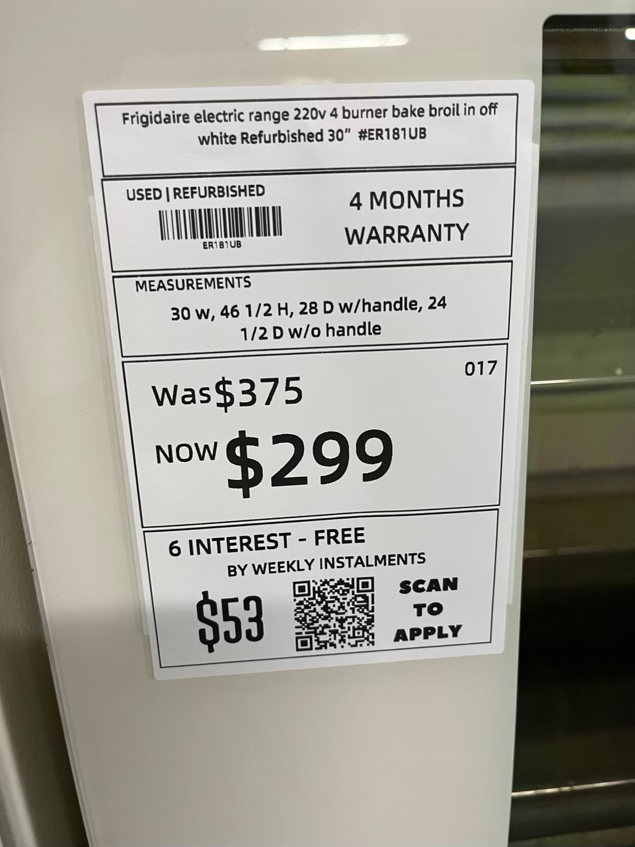 Frigidaire electric range 220v 4 burner bake broil in off white Refurbished 30" #ER181UB