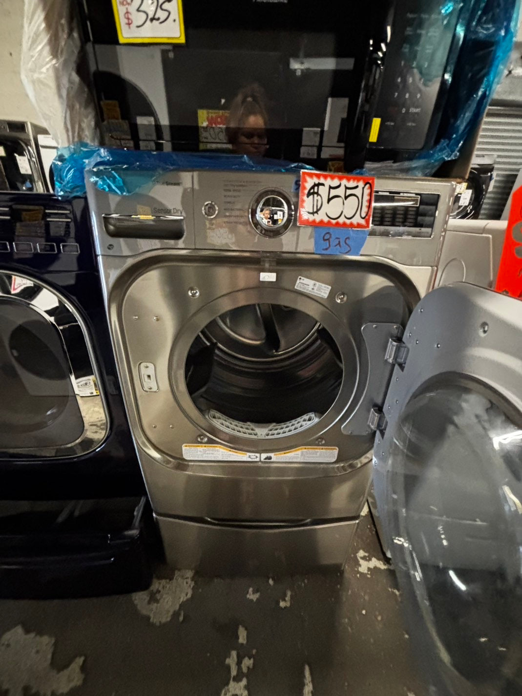 LG gas steam Dryer 29” mega capacity -gray front load w/pedestal extra storage stainless steel drum large capacity used- refurbished #GD339WB