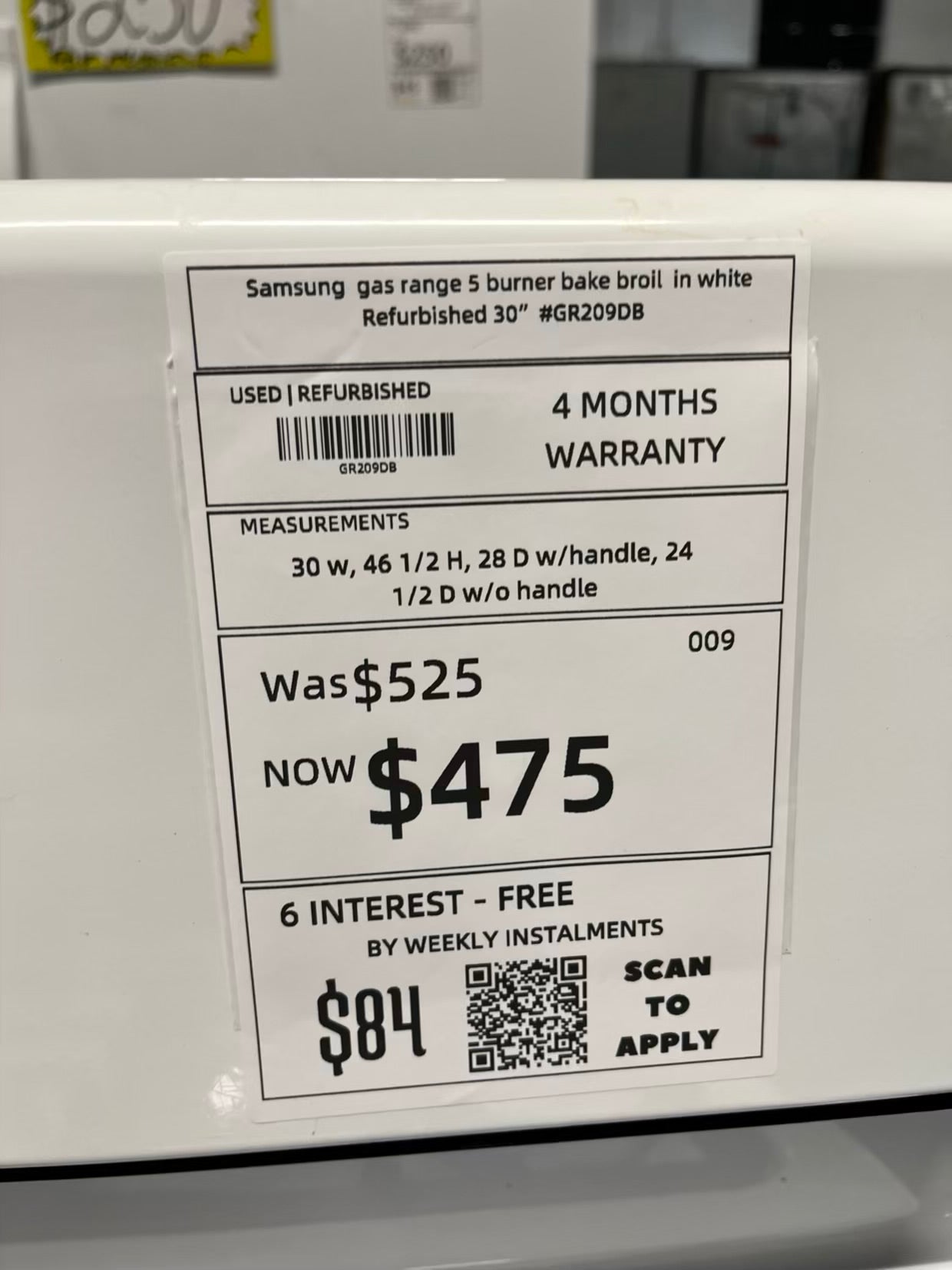Samsung gas range 5 burner bake broil in white Refurbished 30" #GR209DB
