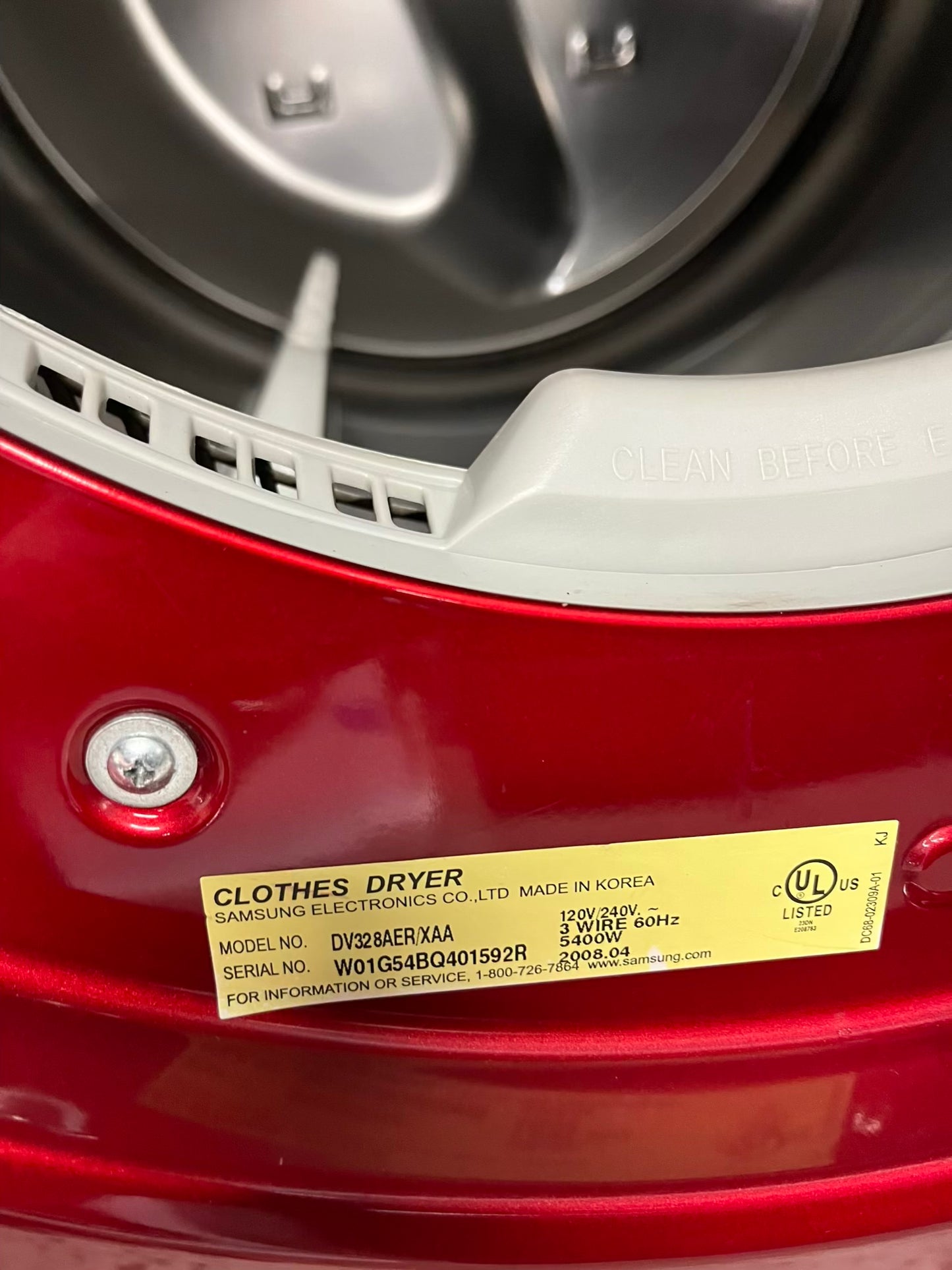 Samsung Dryer electric 220v in red front load w/pedestal extra storage stainless steel drum large capacity 27" refurbished #ED343SB