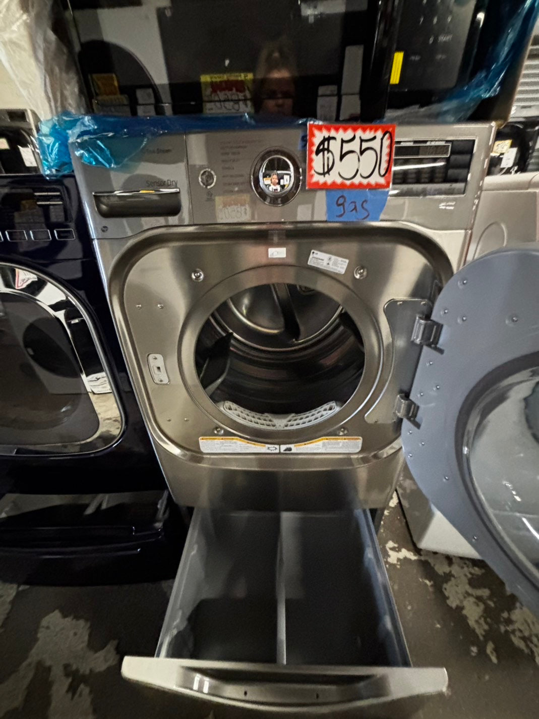 LG gas steam Dryer 29” mega capacity -gray front load w/pedestal extra storage stainless steel drum large capacity used- refurbished #GD339WB