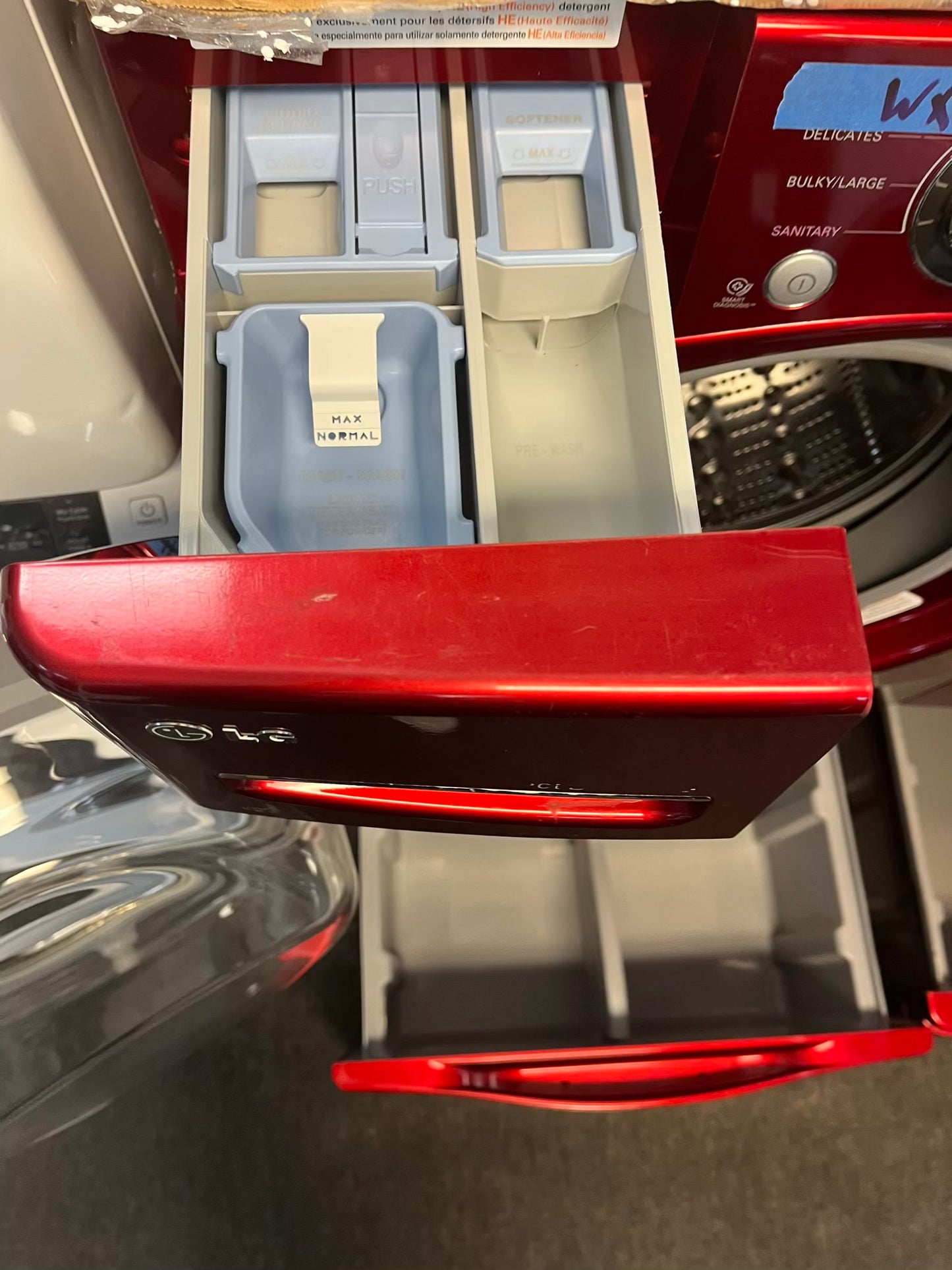 - LG front load washer & dryer set electric 220v large capacity w/pedestal extra storage in red 27” #WD783NL