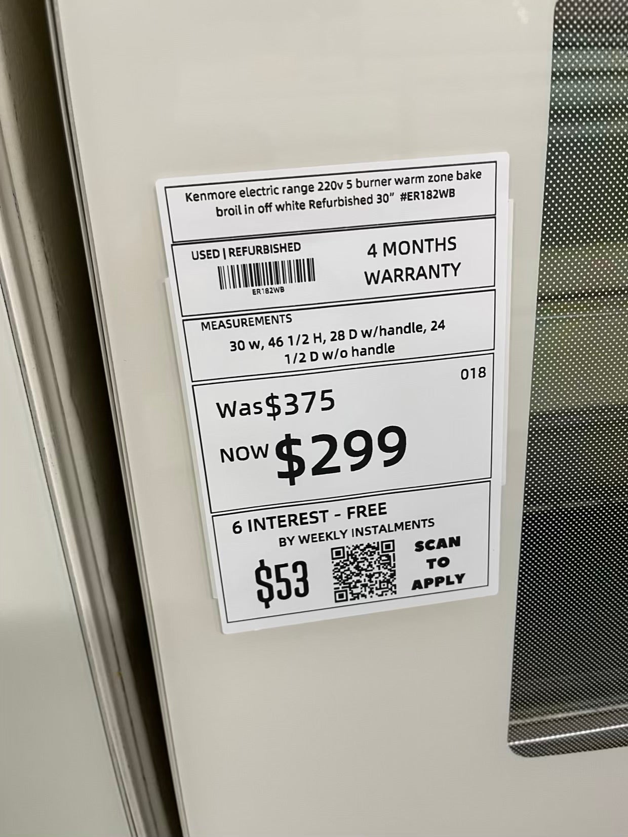 Kenmore electric range 220v 5 burner warm zone bake broil in off white Refurbished 30" #ER182WB