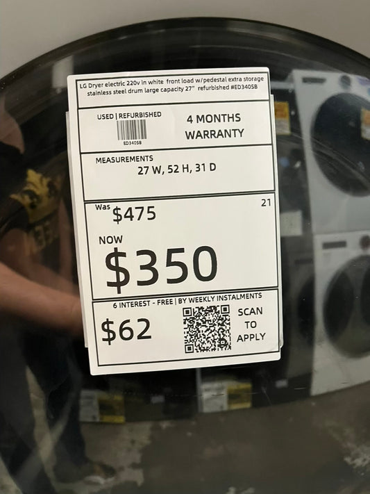 LG Dryer electric 220v in white front load w/pedestal extra storage stainless steel drum large capacity 27" refurbished #ED340SB