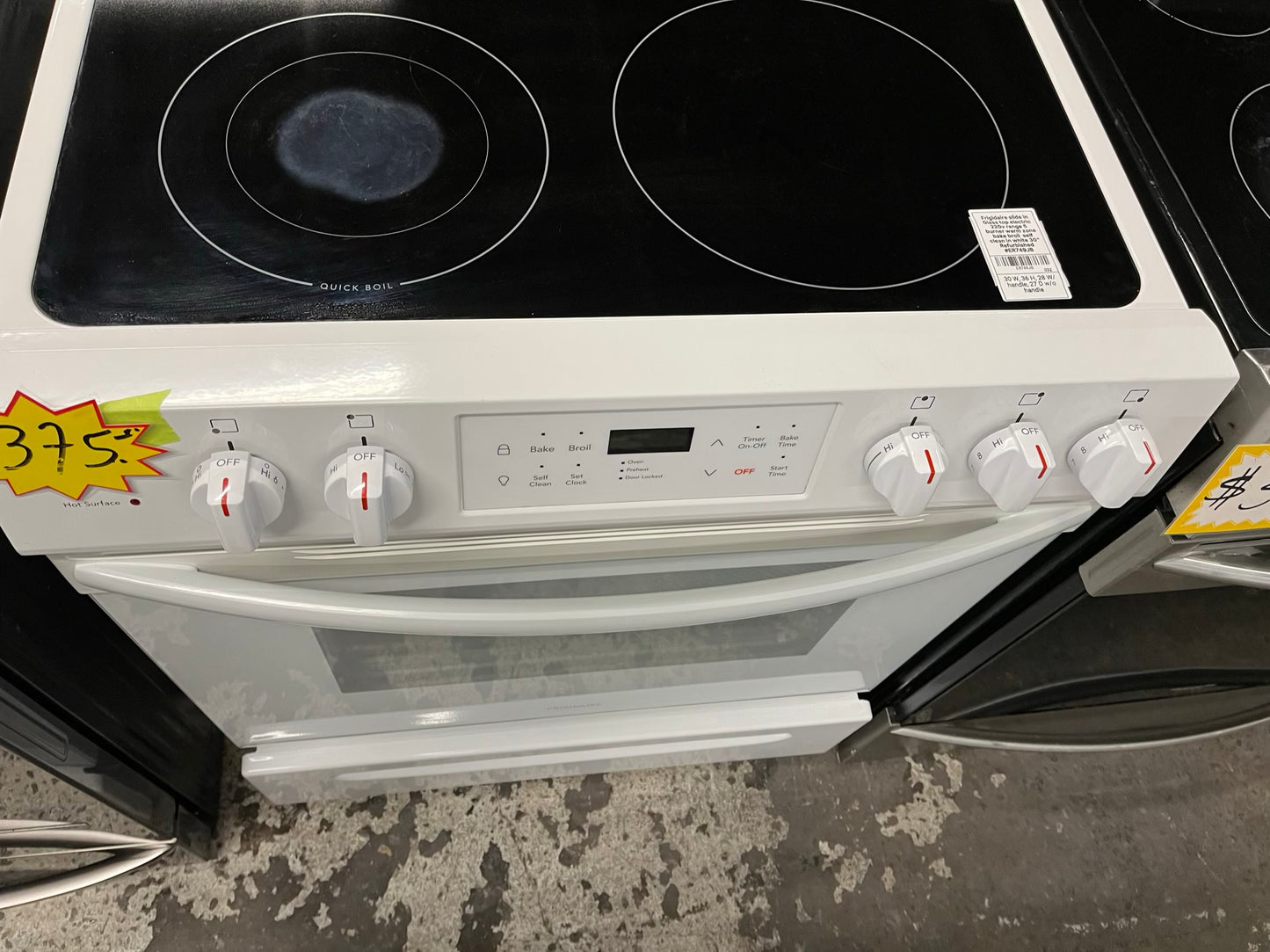 -Frigidaire slide in Glass top electric 220v range 5 burner warm zone bake broil self clean in white 30" Refurbished #ER749JB-TR