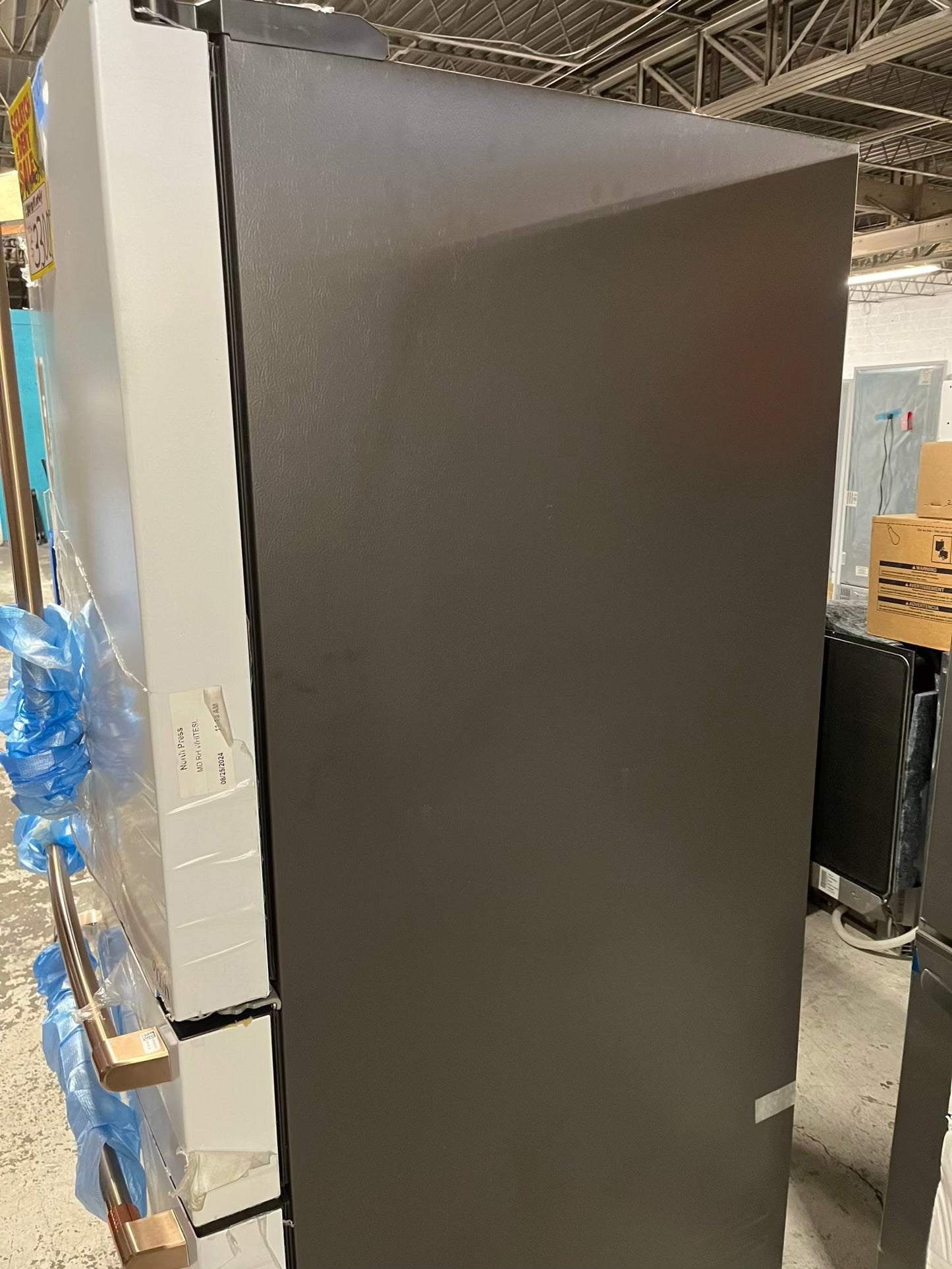 GE Café 36 Inch 4-Door French-Door Smart Refrigerator with 27.8 Cu. Pt. Capacity, TwinChill™, Convertible Drawer, LED Light Tower, Auto Fill, Humidity Control System, Shabbos Mode ENERGY STAR® Matte White with Brushed Bronze Handles 36” #RF840EB