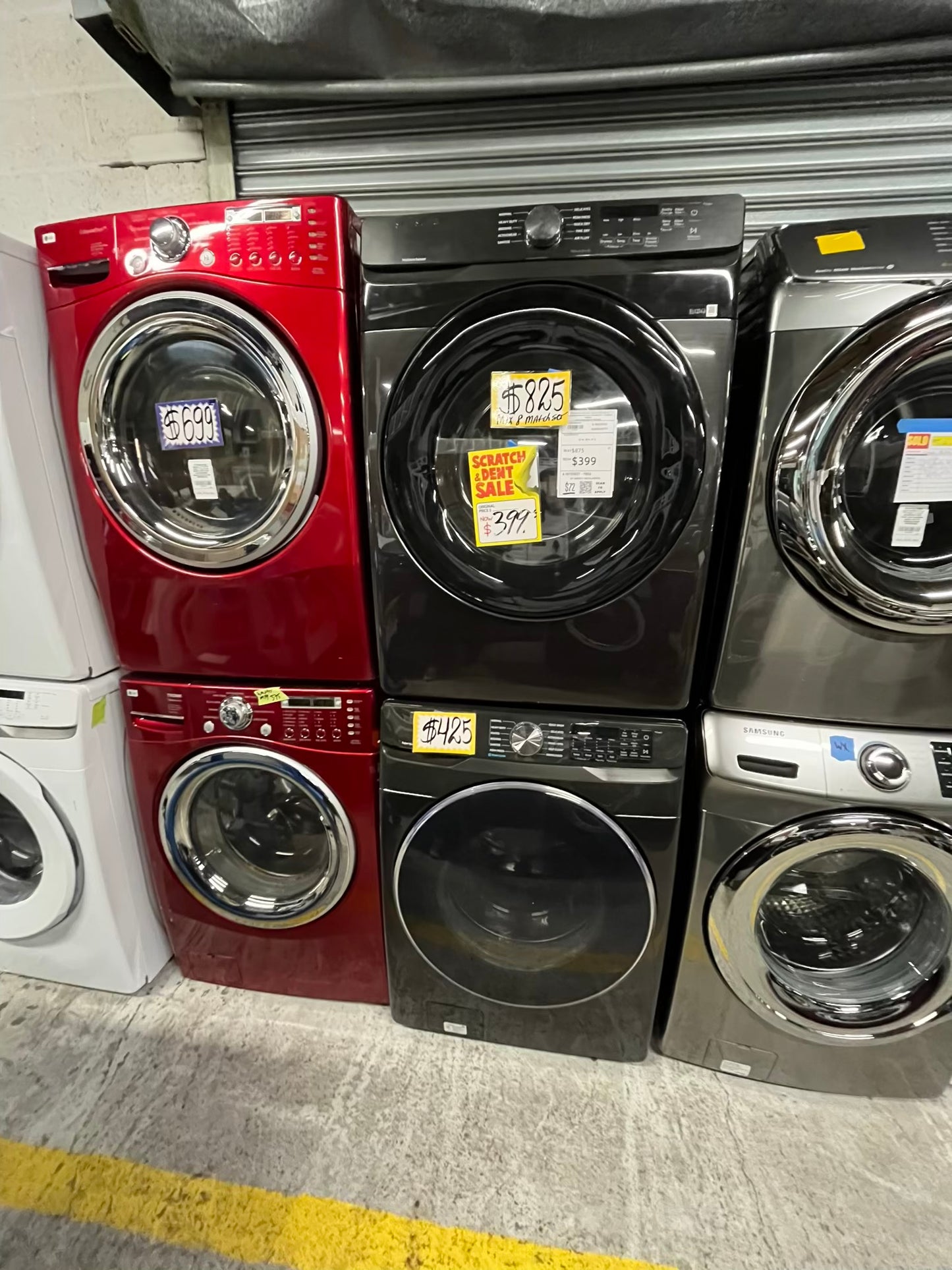 Used Samsung washer 4.5 cu ft & open box scratch & dent dryer 7.5 cu ft set electric 220v front load stackable pr side by side -sensor dry He in black stainless steel #RF207SB