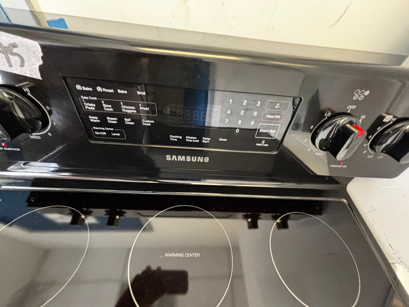 Samsung glass top electric range 220v 5 burner warm zone convection bake roast broil steam clean black color Refurbished 30" #ER537AL