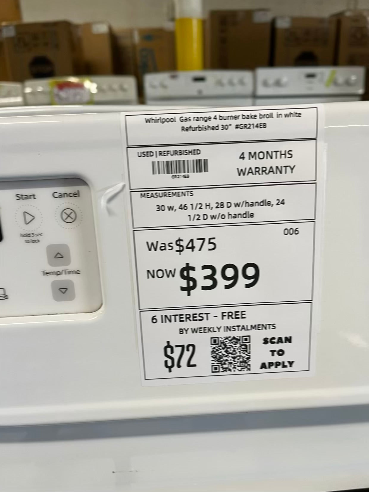 Whirlpool Gas range 4 burner bake broil in white Refurbished 30° #GR214EB