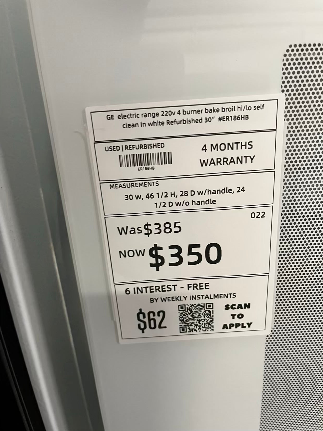 GE electric range 220v 4 burner bake broil hi/lo self clean in white Refurbished 30" #ER186HB