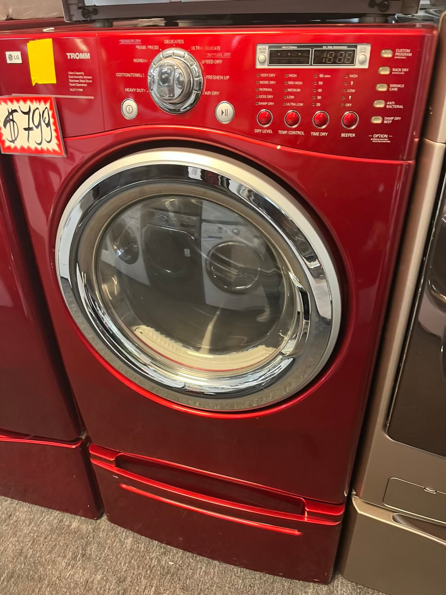 - LG front load washer & dryer set electric 220v large capacity w/pedestal extra storage in red 27” #WD783NL