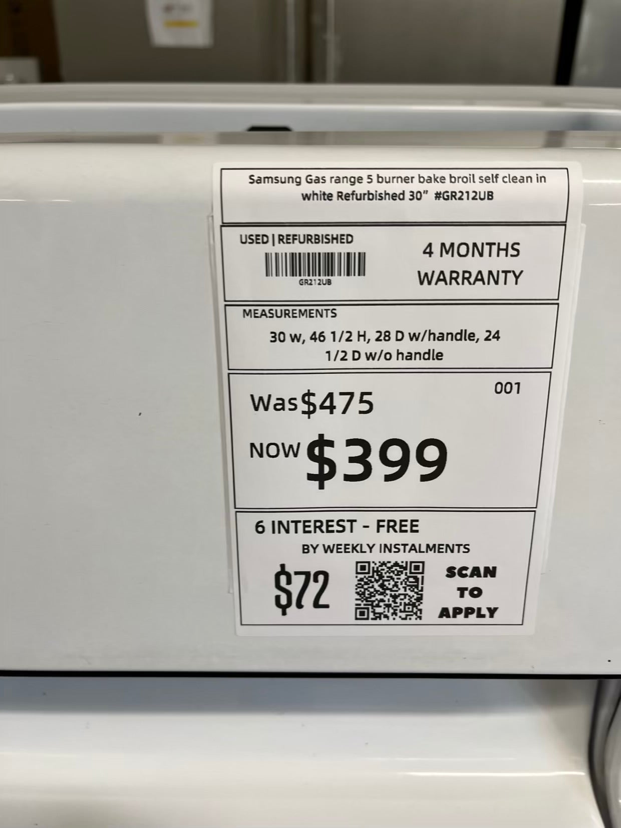 Samsung Gas range 5 burner bake broil self clean in white Refurbished 30" #GR212UB