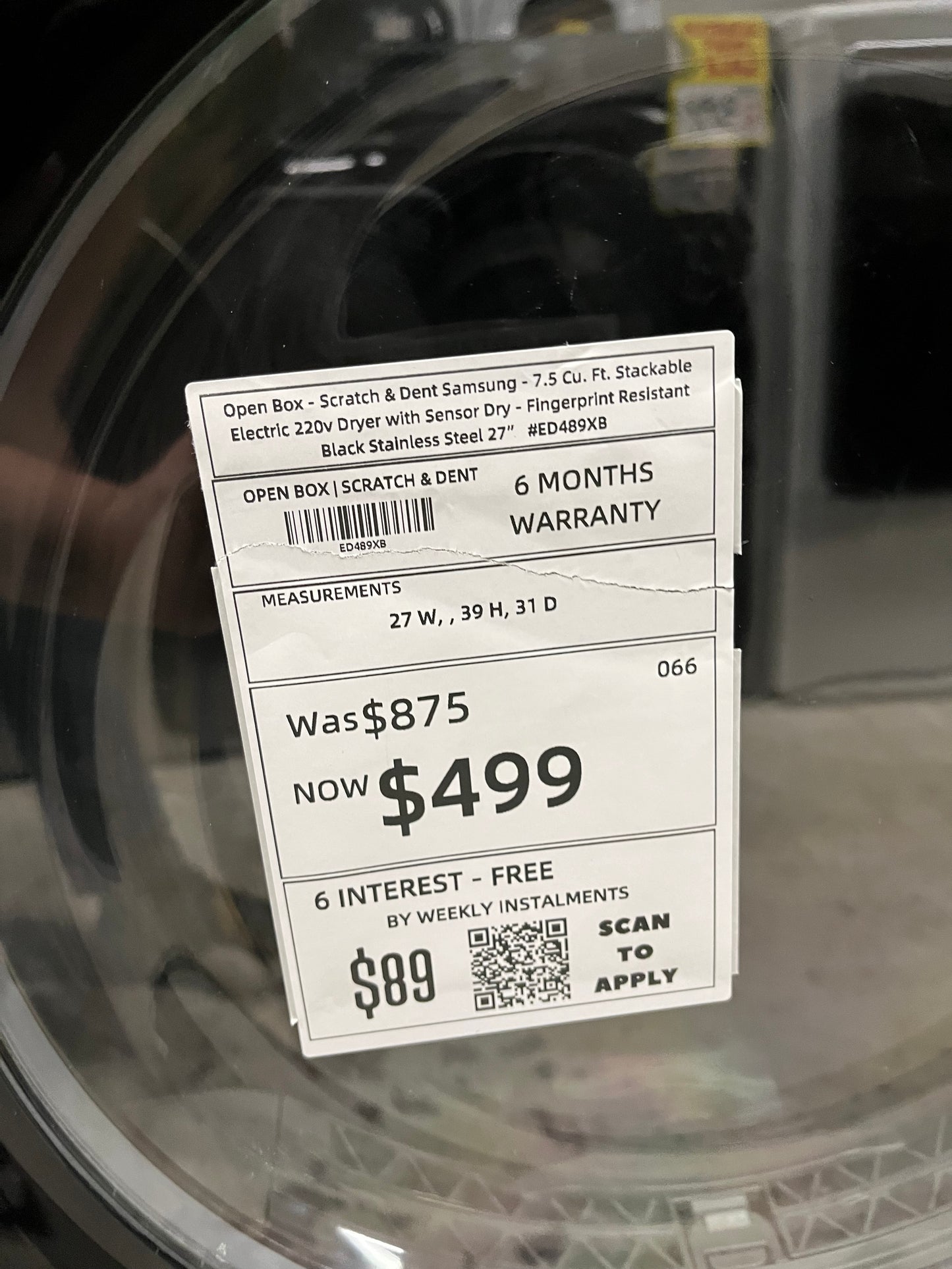 Open Box - Scratch & Dent Samsung - 7.5 Cu. Ft. Stackable Electric 220v Dryer with Sensor Dry - Fingerprint Resistant Black Stainless Steel 27". #ED489XB