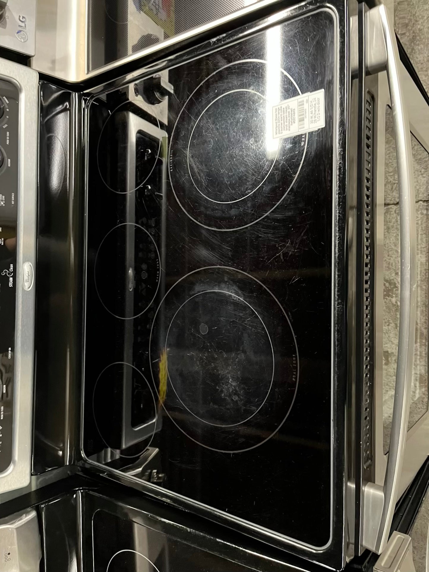 Whirlpool Glass top electric 220v range 5 burner warm zone convection bake broil steam clean stainless steel 30" Refurbished #ER748KB